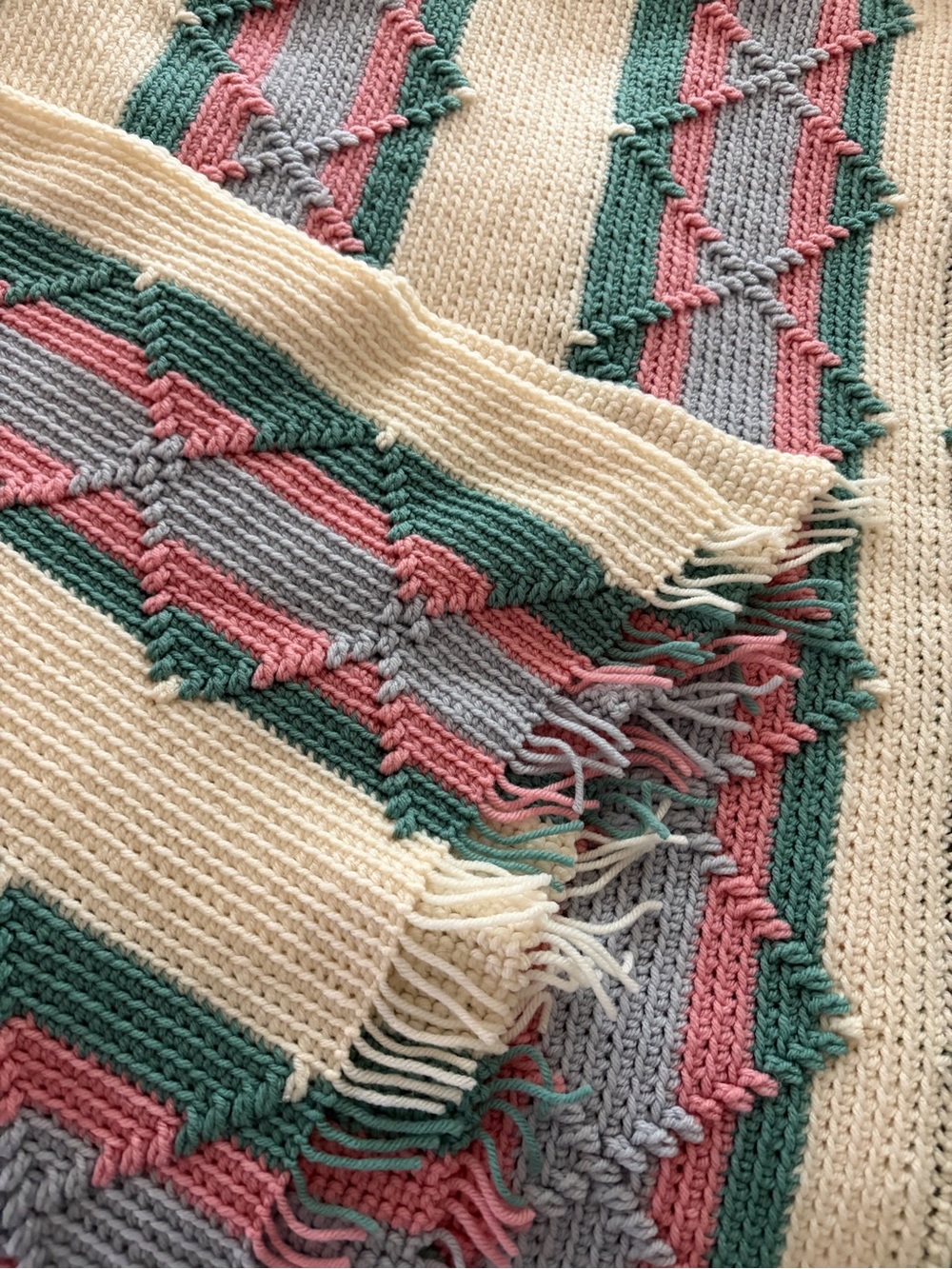 Cream Knit Fringe Throw with Teal, Pink & Gray Accents 47” x. 109”. Hand Made